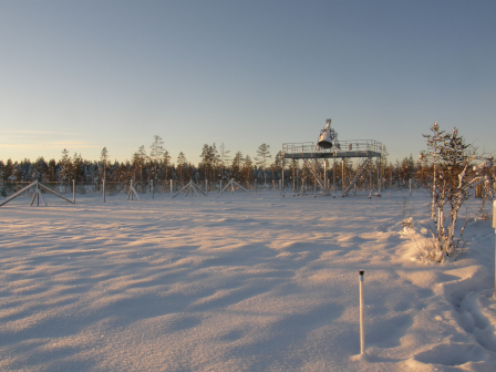 Measurement tower in wetland area in winter