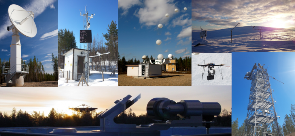 Satellite antenna, road weather station, sounding balloon, Saariselkä measurement station, drone, FTIR, ICOS tower